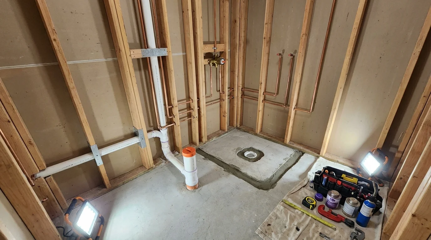 Bathroom rough-in plumbing during remodel by Johns Plumbing LLC in Colleyville
