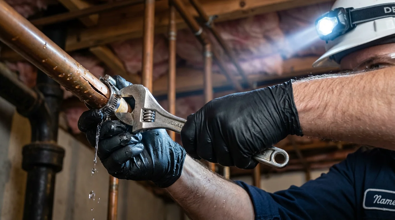 Emergency pipe clamp repair being performed by a Johns Plumbing LLC plumber in Colleyville