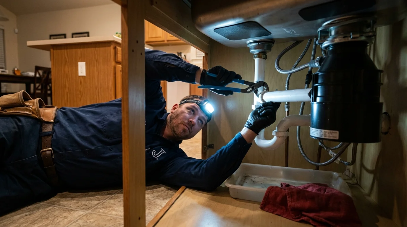 P-trap and supply line connections under a kitchen sink showing a common leak point in Colleyville, TX